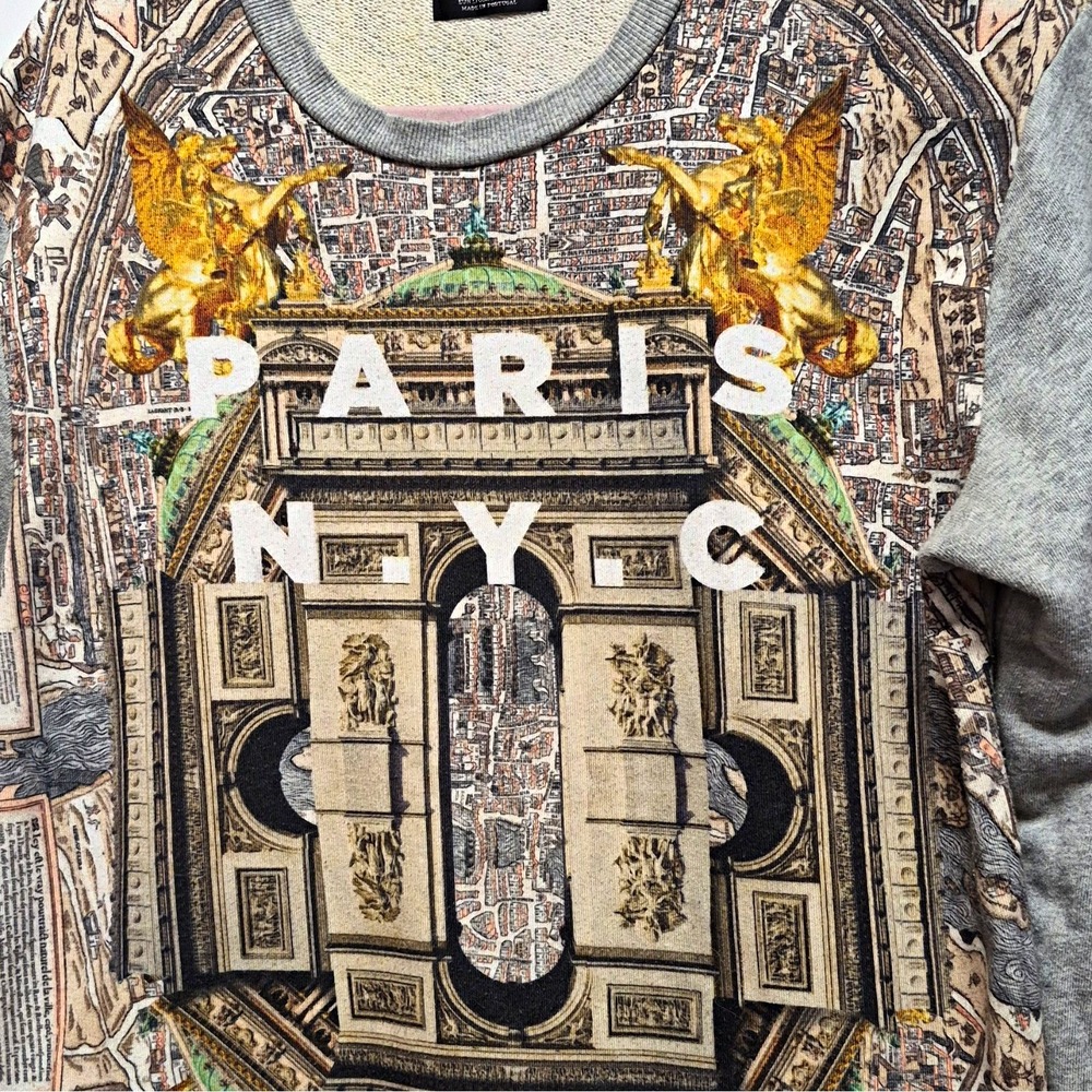 ZARA MAN Gray Fleece Crewneck Sweatshirt Size L Paris NYC Graphic Print
